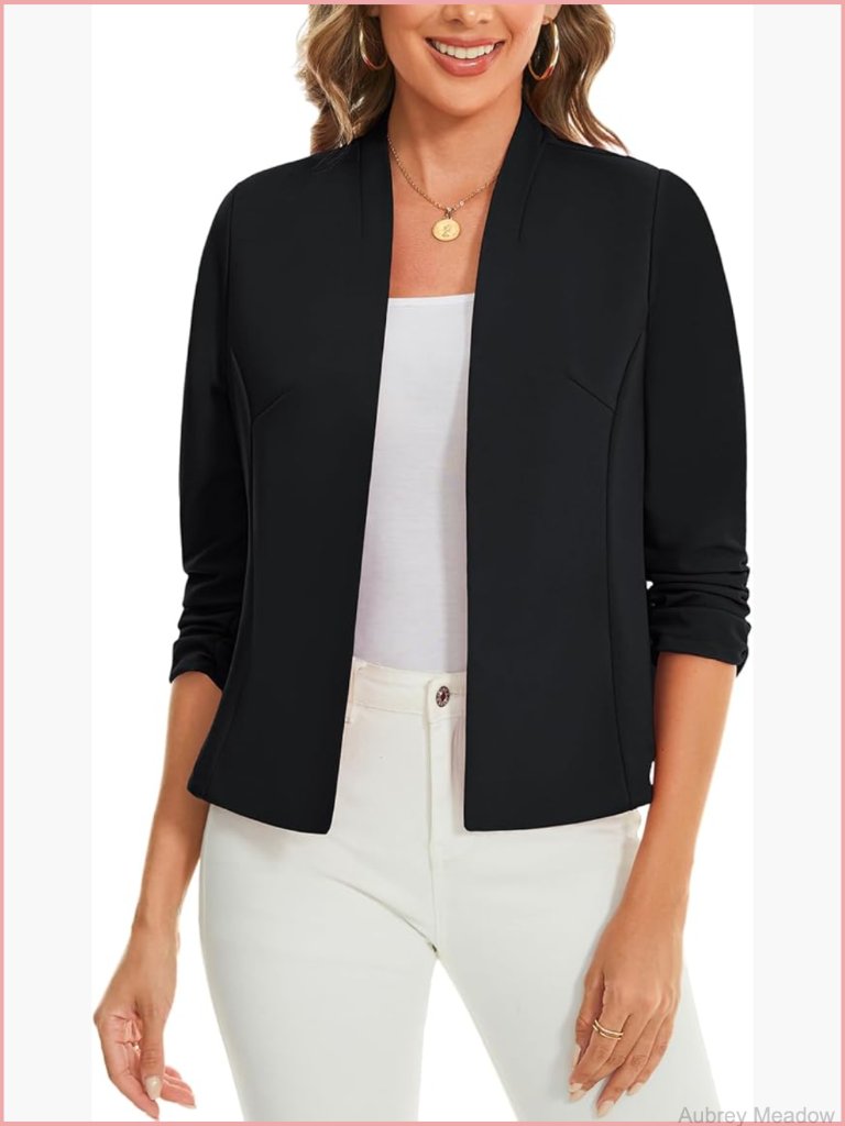 Collarless Blazer 3/4 Ruched Sleeve Open Front Business Casual Office Jacket
